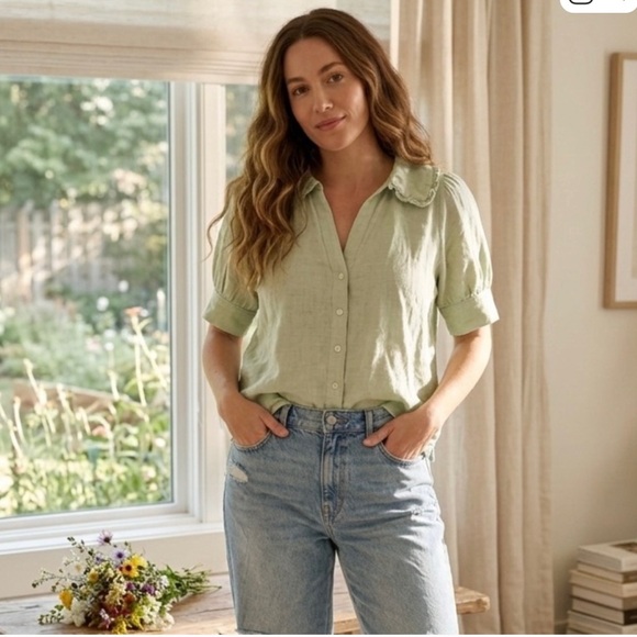 Madewell Linen-Blend Peter Pan Collar Button Up Shirt light green Women’s Size 2 - Picture 4 of 12